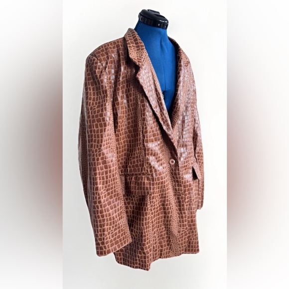 Vintage 90s Selene brown faux patent leather giraffe print blazer jacket Size 2X - Picture 1 of 10